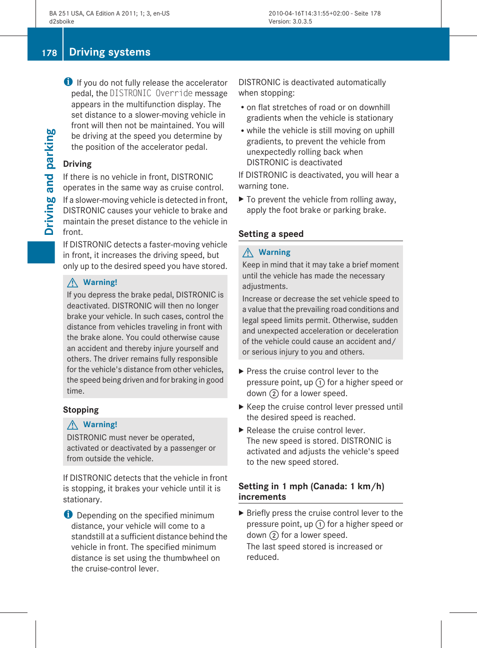 Driving and parking, Driving systems | Mercedes-Benz G-Class 2011 Owners Manual User Manual | Page 180 / 364