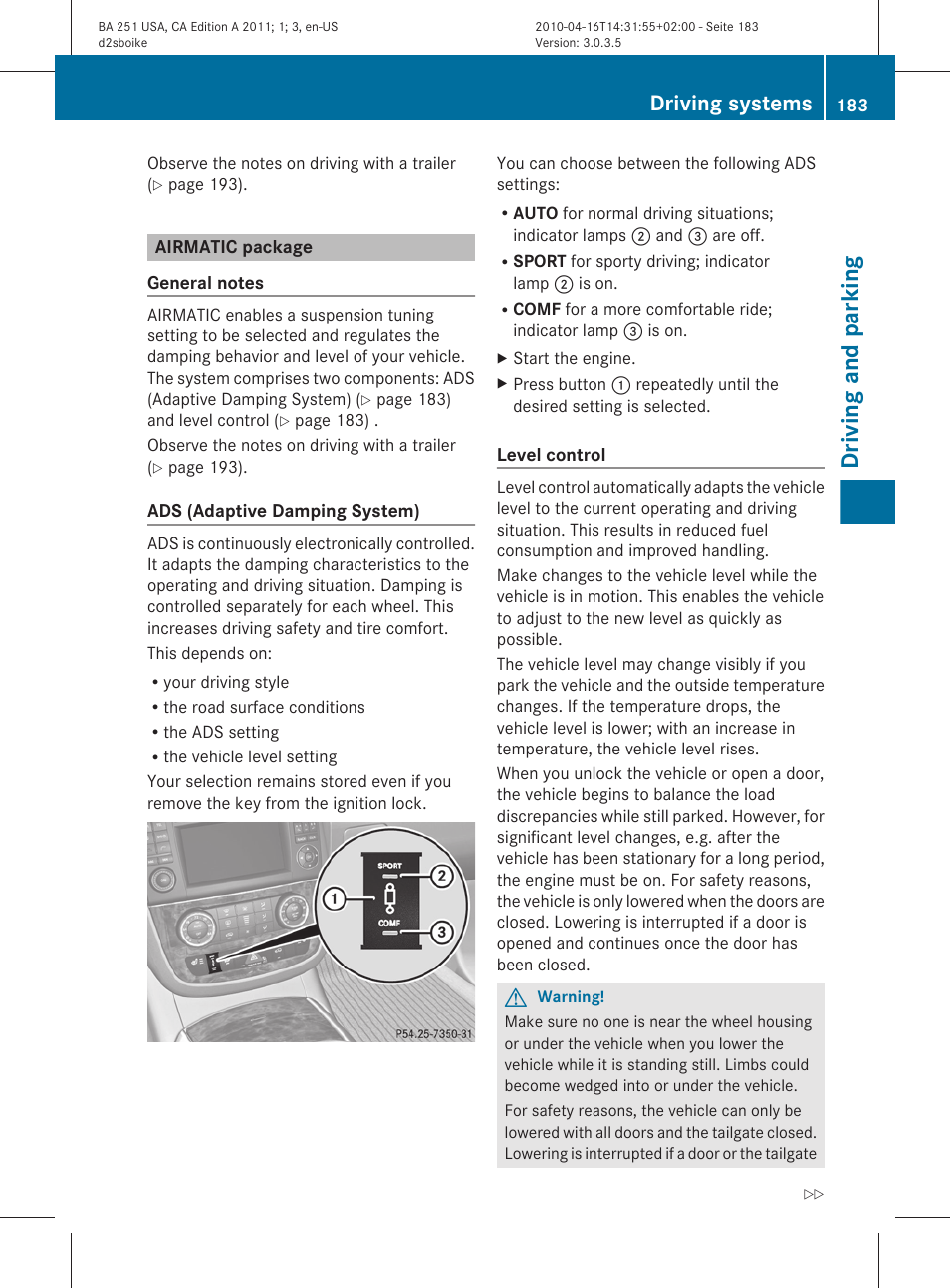 Airmatic package, Driving and parking, Driving systems | Mercedes-Benz G-Class 2011 Owners Manual User Manual | Page 185 / 364