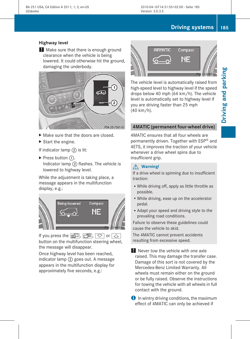 4matic (permanent four-wheel drive), Normal road conditions, Driving and parking | Driving systems | Mercedes-Benz G-Class 2011 Owners Manual User Manual | Page 187 / 364