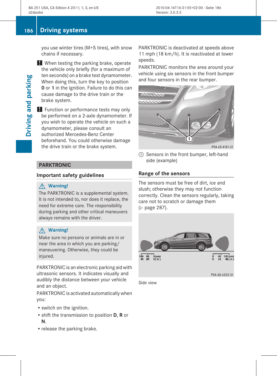 Parktronic, Driving and parking, Driving systems | Mercedes-Benz G-Class 2011 Owners Manual User Manual | Page 188 / 364