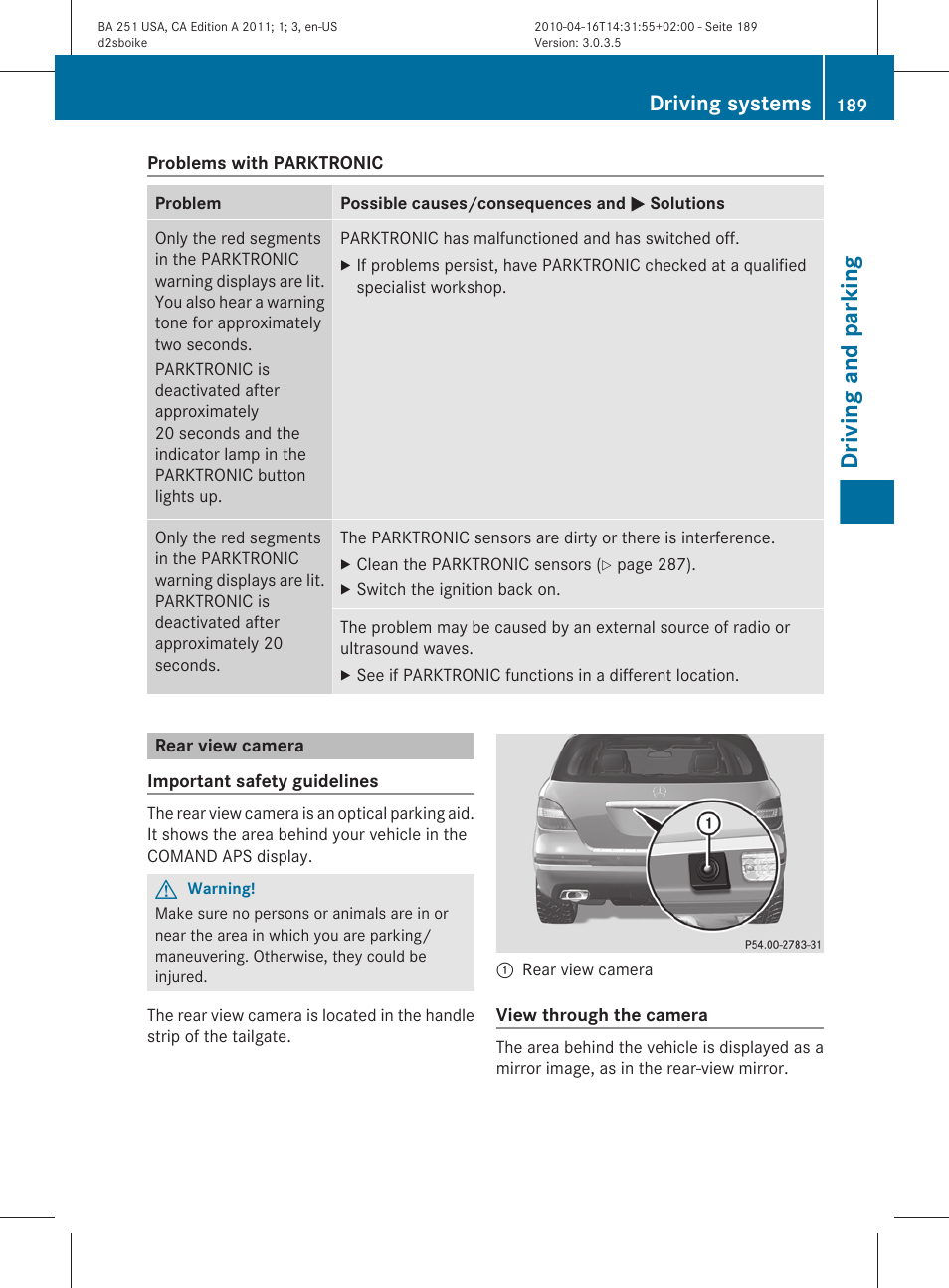 Rear view camera, Driving and parking, Driving systems | Mercedes-Benz G-Class 2011 Owners Manual User Manual | Page 191 / 364