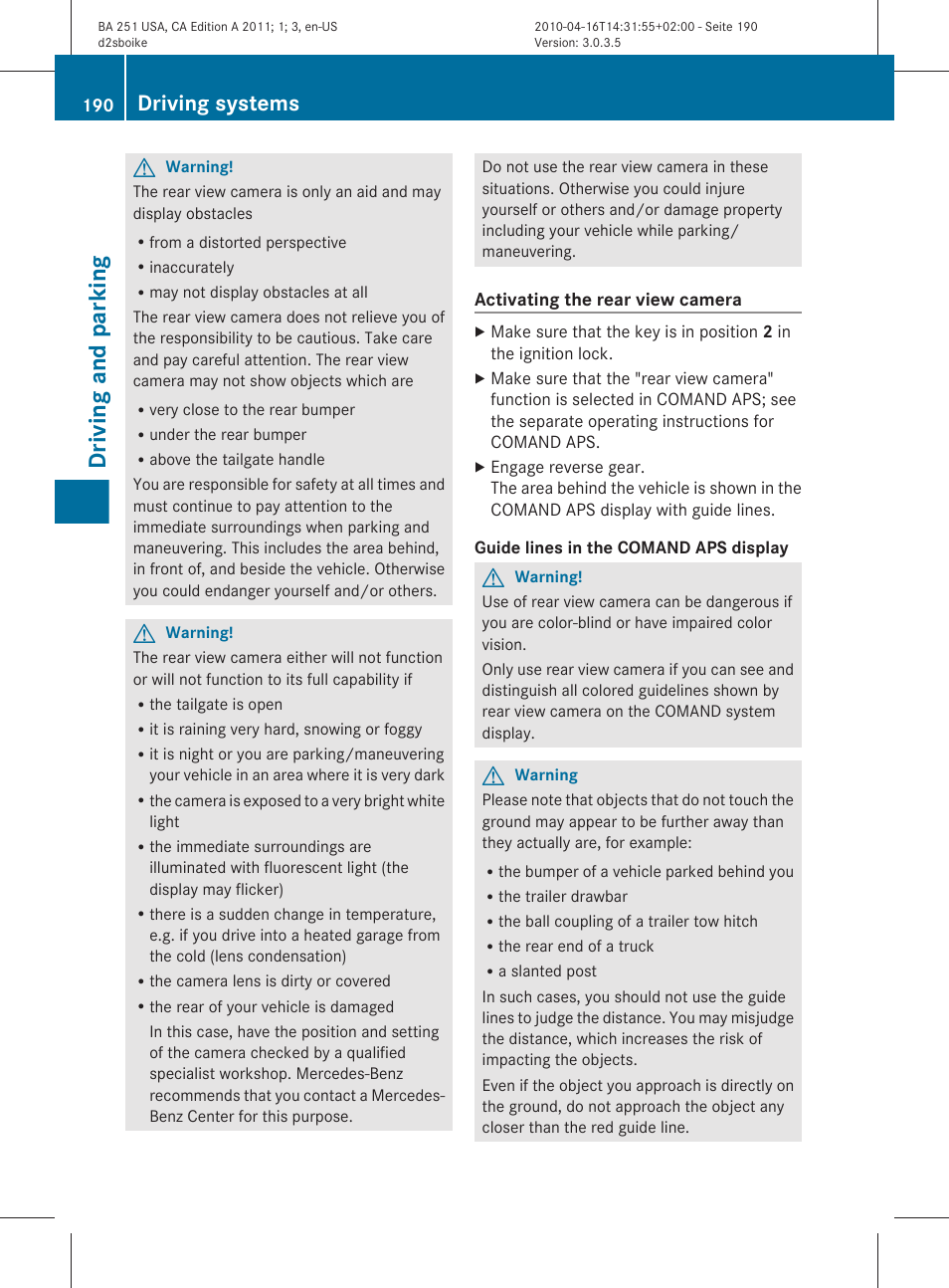 Driving and parking, Driving systems | Mercedes-Benz G-Class 2011 Owners Manual User Manual | Page 192 / 364