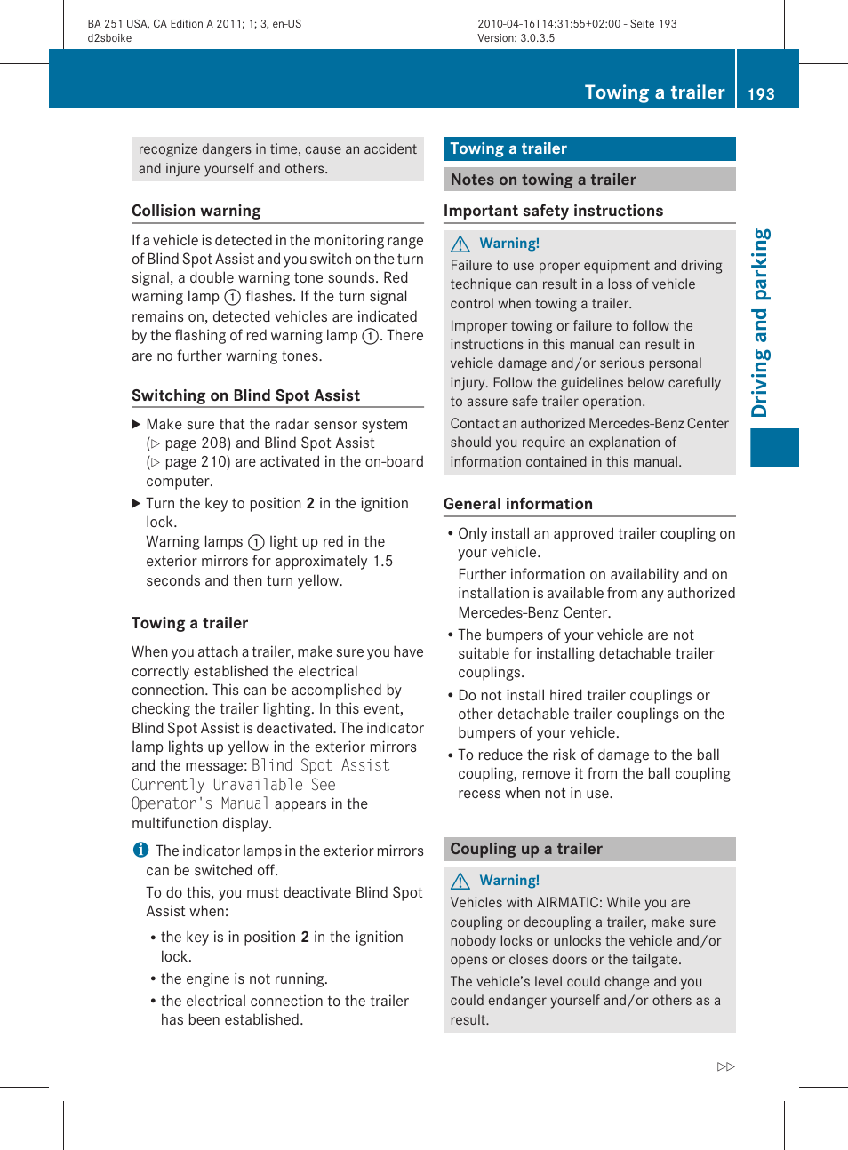 Towing a trailer, Notes on towing a trailer, Coupling up a trailer | Driving with a trailer, Driving and parking | Mercedes-Benz G-Class 2011 Owners Manual User Manual | Page 195 / 364