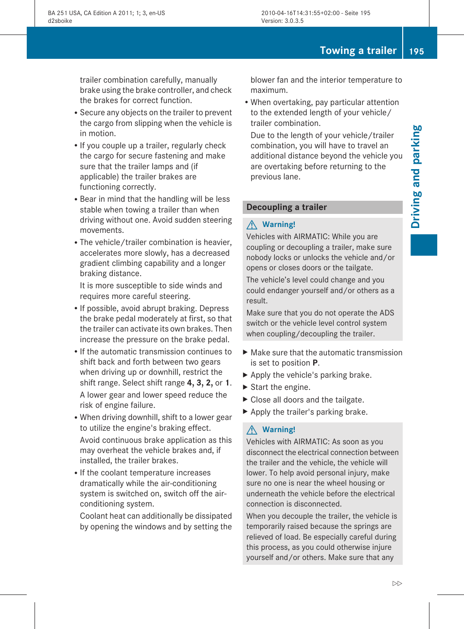 Decoupling a trailer, Driving and parking, Towing a trailer | Mercedes-Benz G-Class 2011 Owners Manual User Manual | Page 197 / 364