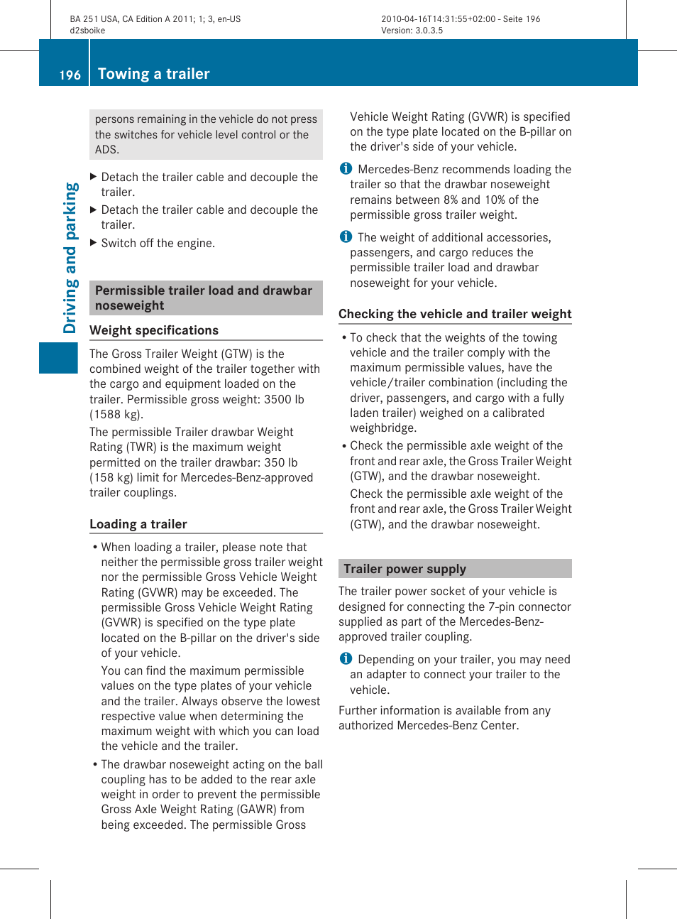 Permissible trailer load and drawbar noseweight, Trailer power supply, Driving and parking | Towing a trailer | Mercedes-Benz G-Class 2011 Owners Manual User Manual | Page 198 / 364