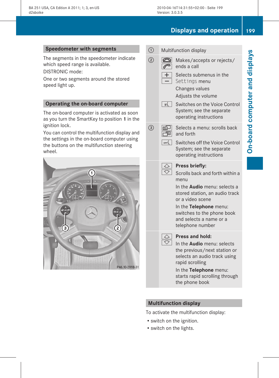 Speedometer with segments, Operating the on-board computer, Multifunction display | On-board computer and displays, Displays and operation | Mercedes-Benz G-Class 2011 Owners Manual User Manual | Page 201 / 364