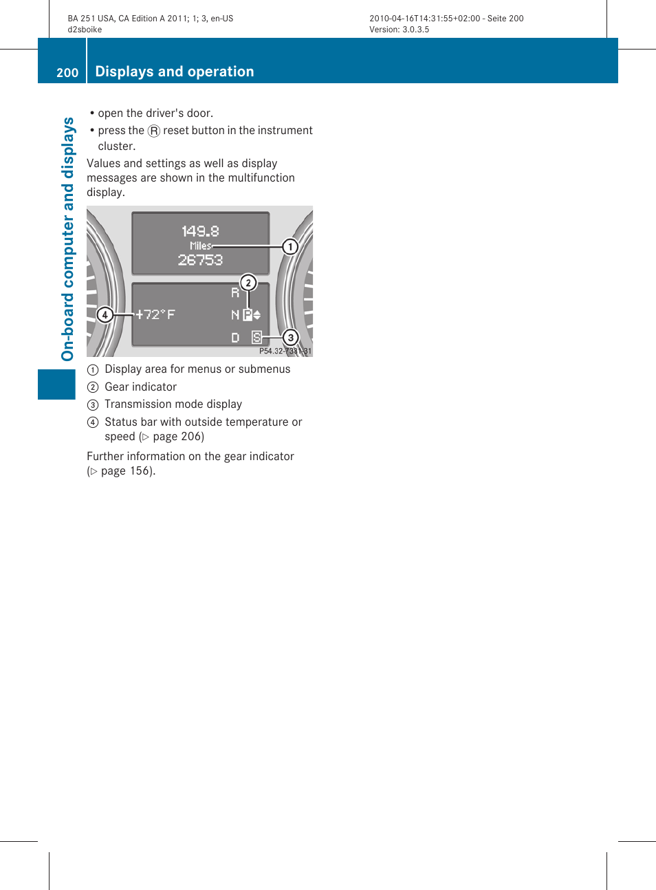 On-board computer and displays, Displays and operation | Mercedes-Benz G-Class 2011 Owners Manual User Manual | Page 202 / 364