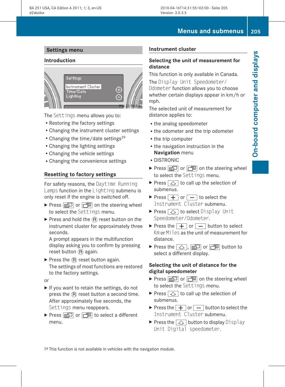 Settings menu, Menu, On-board computer and displays | Menus and submenus | Mercedes-Benz G-Class 2011 Owners Manual User Manual | Page 207 / 364