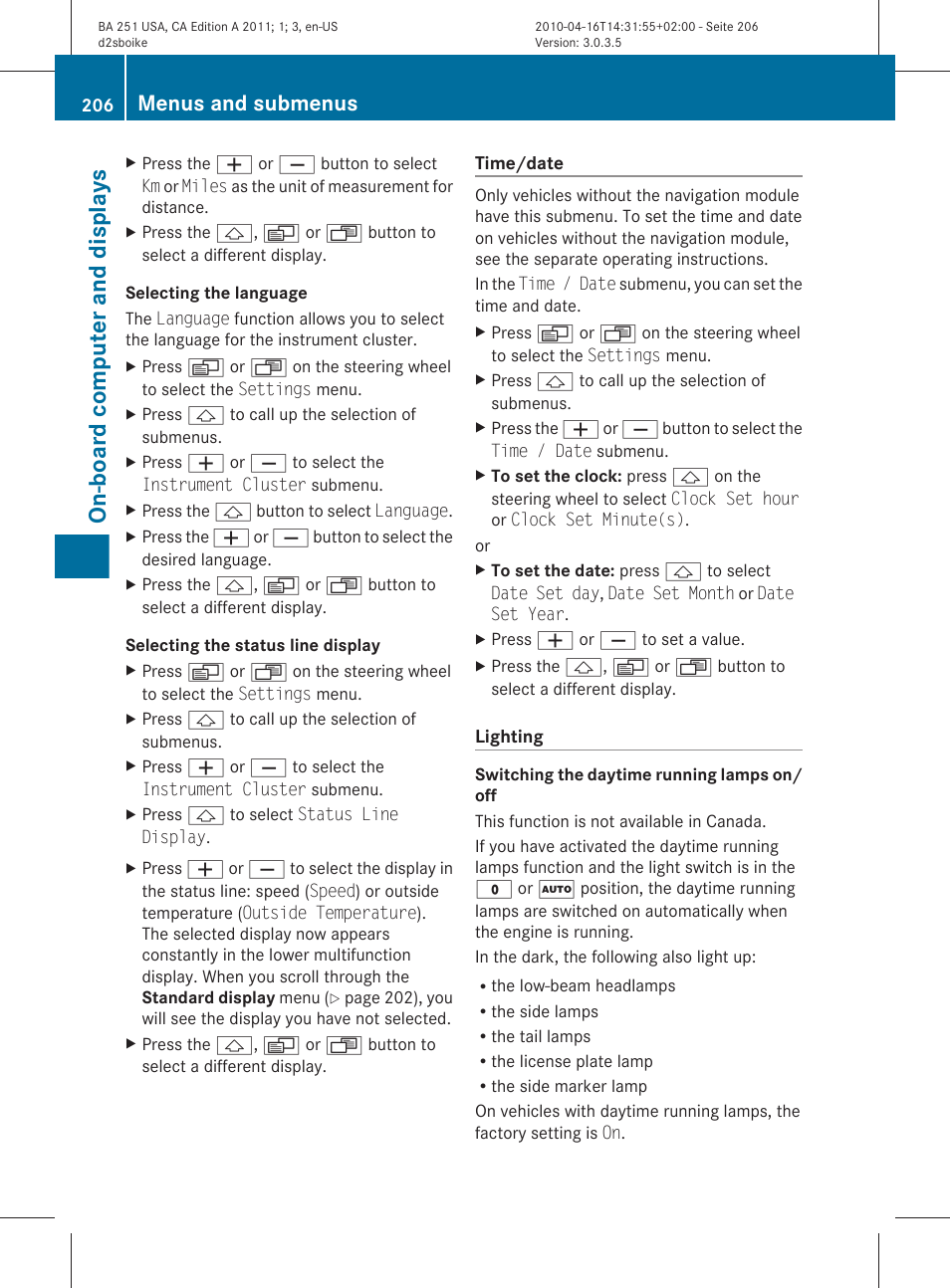 Speed, For the status line, On-board computer and displays | Menus and submenus | Mercedes-Benz G-Class 2011 Owners Manual User Manual | Page 208 / 364