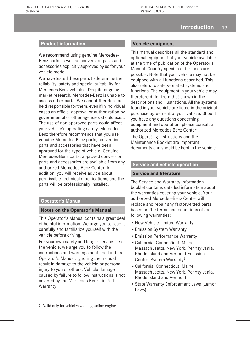 Introduction, Product information, Operator's manual | Notes on the operator's manual, Vehicle equipment, Service and vehicle operation, Service and literature | Mercedes-Benz G-Class 2011 Owners Manual User Manual | Page 21 / 364