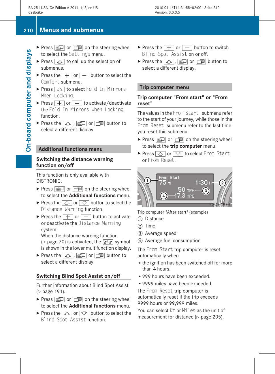 Additional functions menu, Trip computer menu, Menu | On-board computer and displays, Menus and submenus | Mercedes-Benz G-Class 2011 Owners Manual User Manual | Page 212 / 364