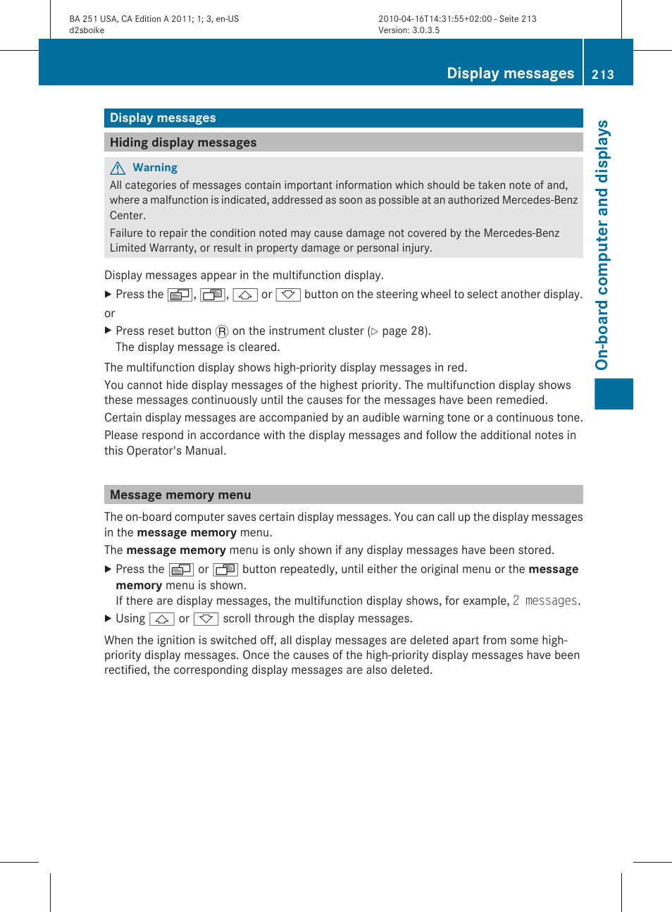 Display messages, Hiding display messages, Message memory menu | Menu, On-board computer and displays | Mercedes-Benz G-Class 2011 Owners Manual User Manual | Page 215 / 364