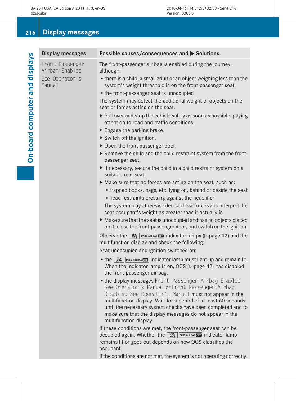 On-board computer and displays, Display messages | Mercedes-Benz G-Class 2011 Owners Manual User Manual | Page 218 / 364