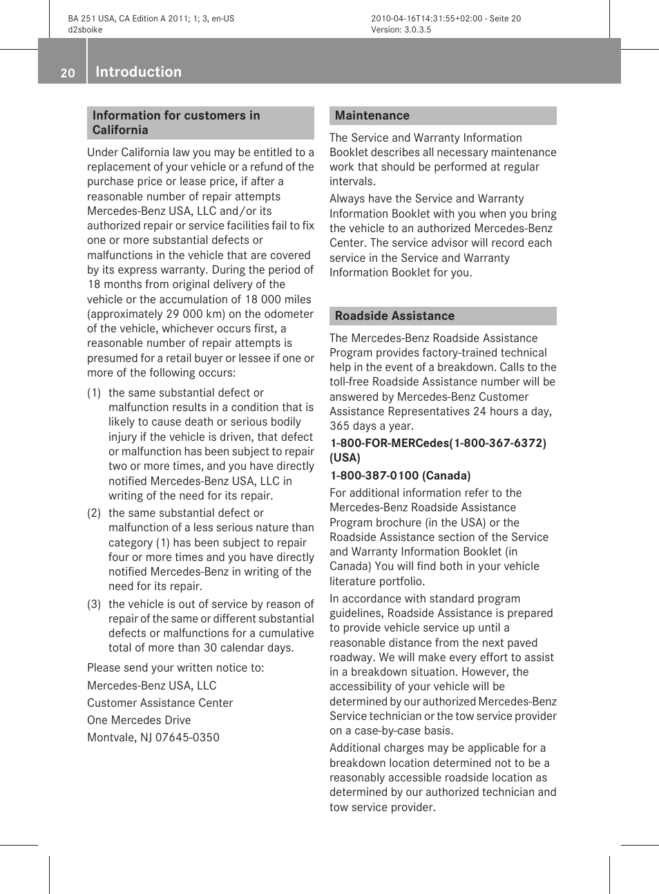 Information for customers in california, Maintenance, Roadside assistance | Introduction | Mercedes-Benz G-Class 2011 Owners Manual User Manual | Page 22 / 364