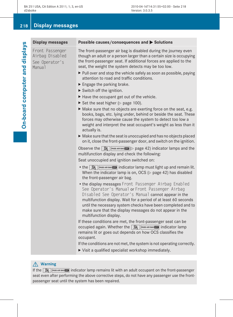 On-board computer and displays, Display messages | Mercedes-Benz G-Class 2011 Owners Manual User Manual | Page 220 / 364