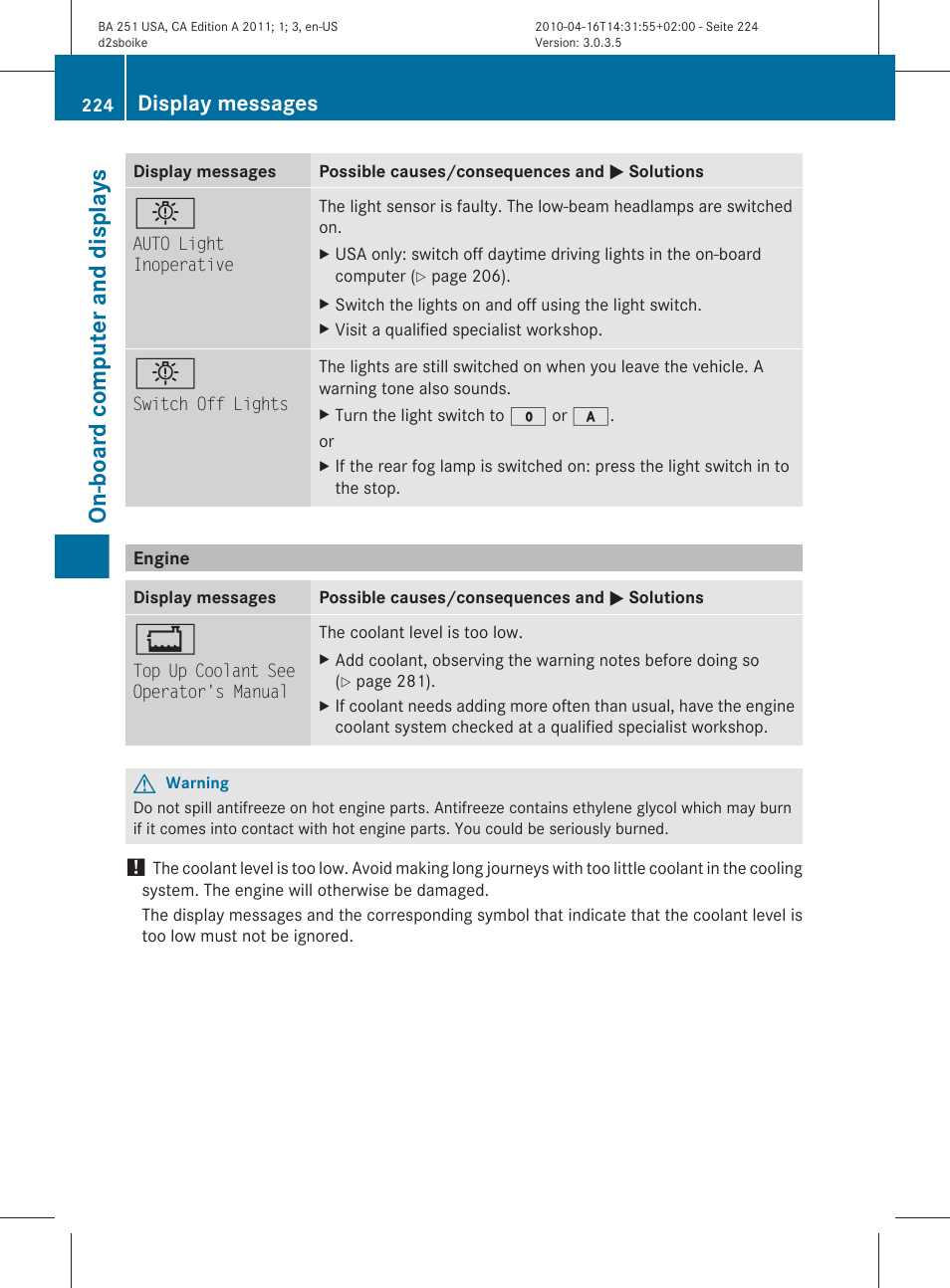 Engine, On-board computer and displays, Display messages | Mercedes-Benz G-Class 2011 Owners Manual User Manual | Page 226 / 364