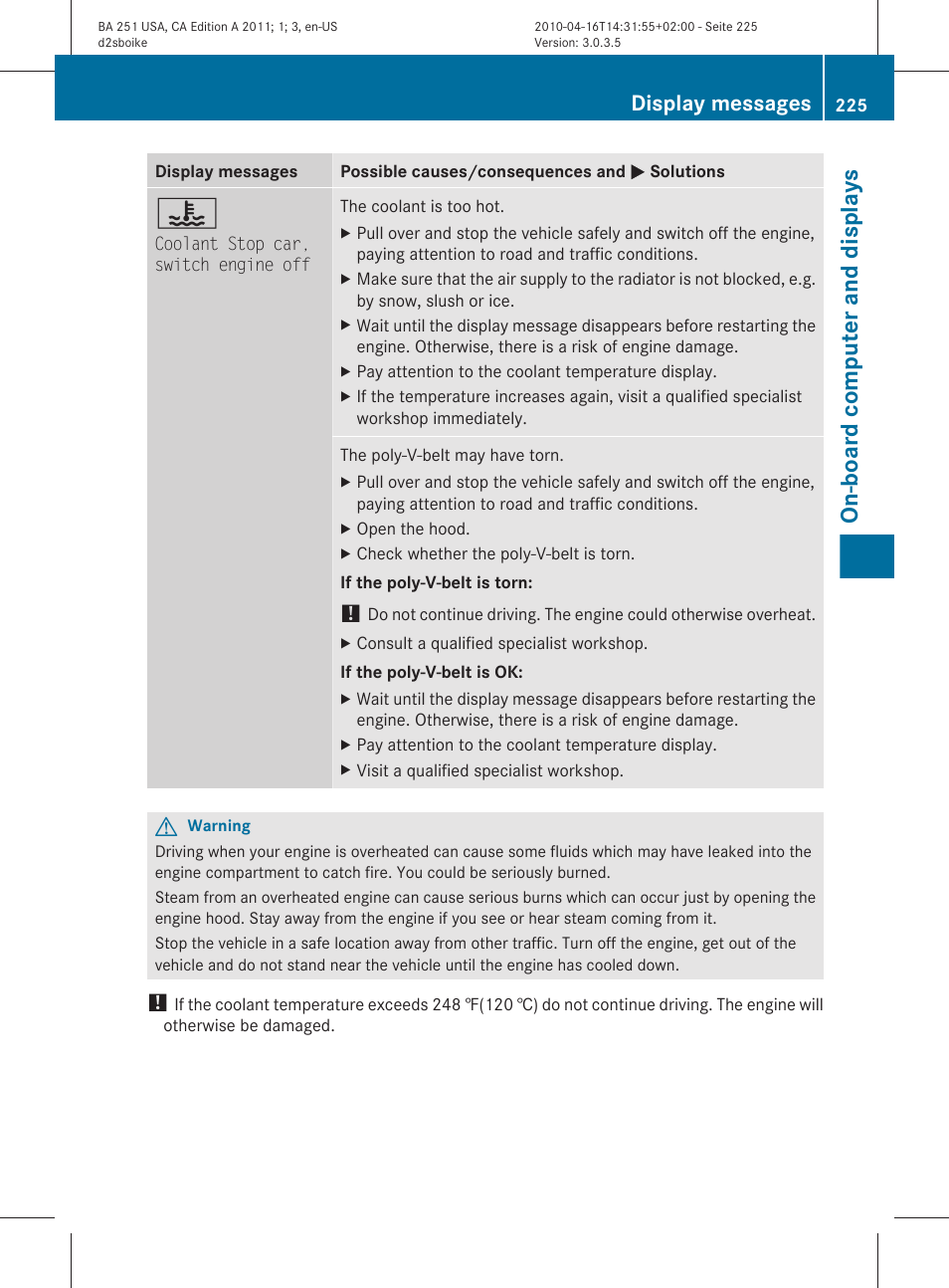 On-board computer and displays, Display messages | Mercedes-Benz G-Class 2011 Owners Manual User Manual | Page 227 / 364