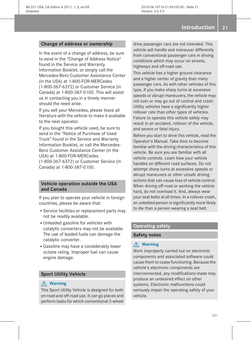 Change of address or ownership, Vehicle operation outside the usa and canada, Sport utility vehicle | Operating safety, Safety notes, Introduction | Mercedes-Benz G-Class 2011 Owners Manual User Manual | Page 23 / 364