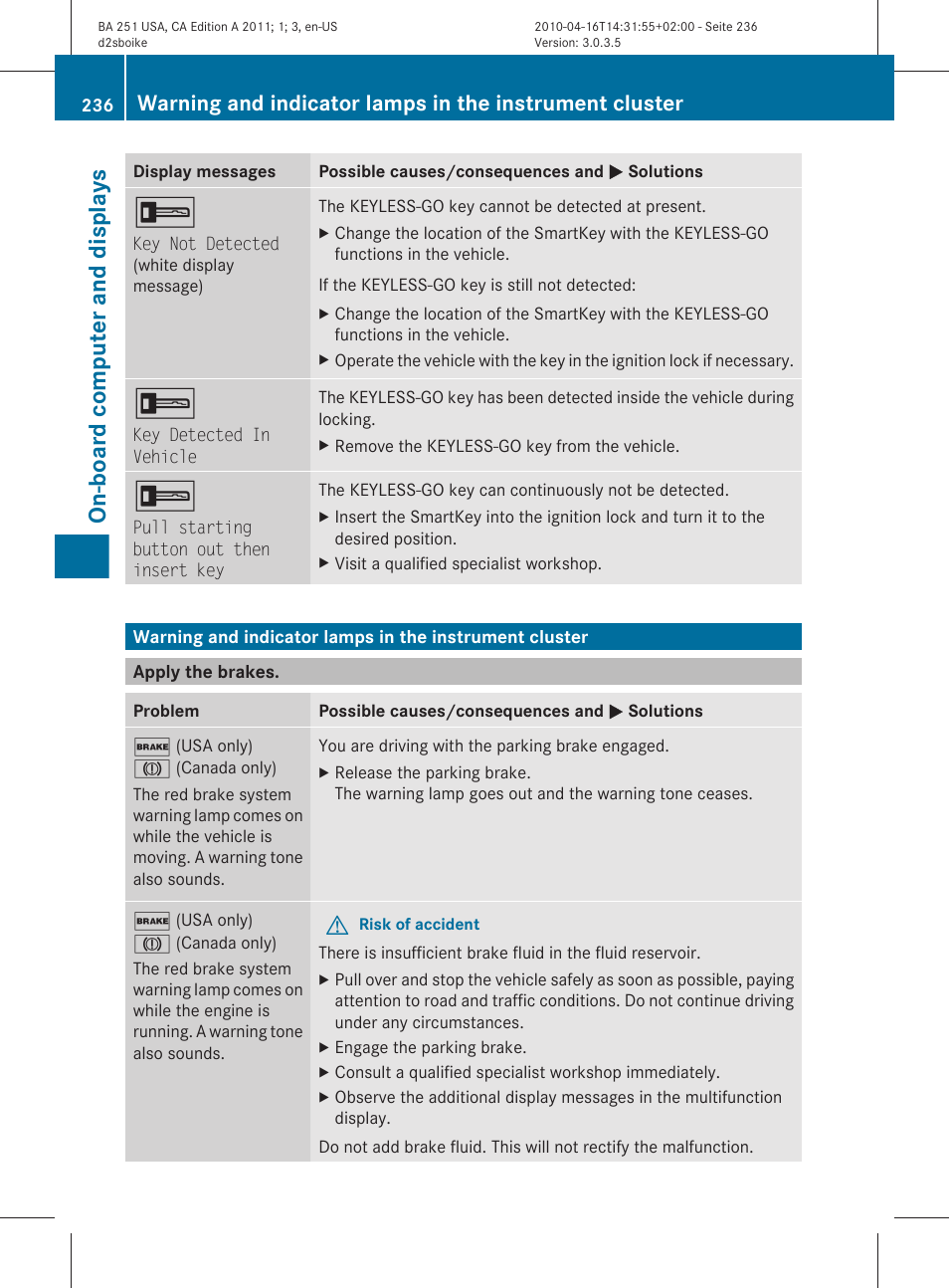 Apply the brakes, On-board computer and displays | Mercedes-Benz G-Class 2011 Owners Manual User Manual | Page 238 / 364