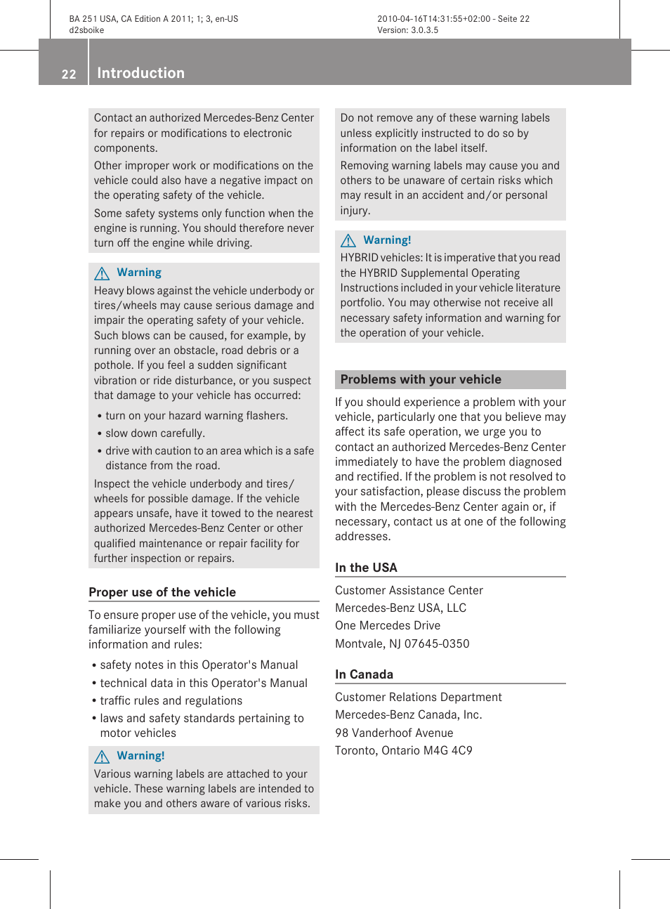 Problems with your vehicle, Introduction | Mercedes-Benz G-Class 2011 Owners Manual User Manual | Page 24 / 364