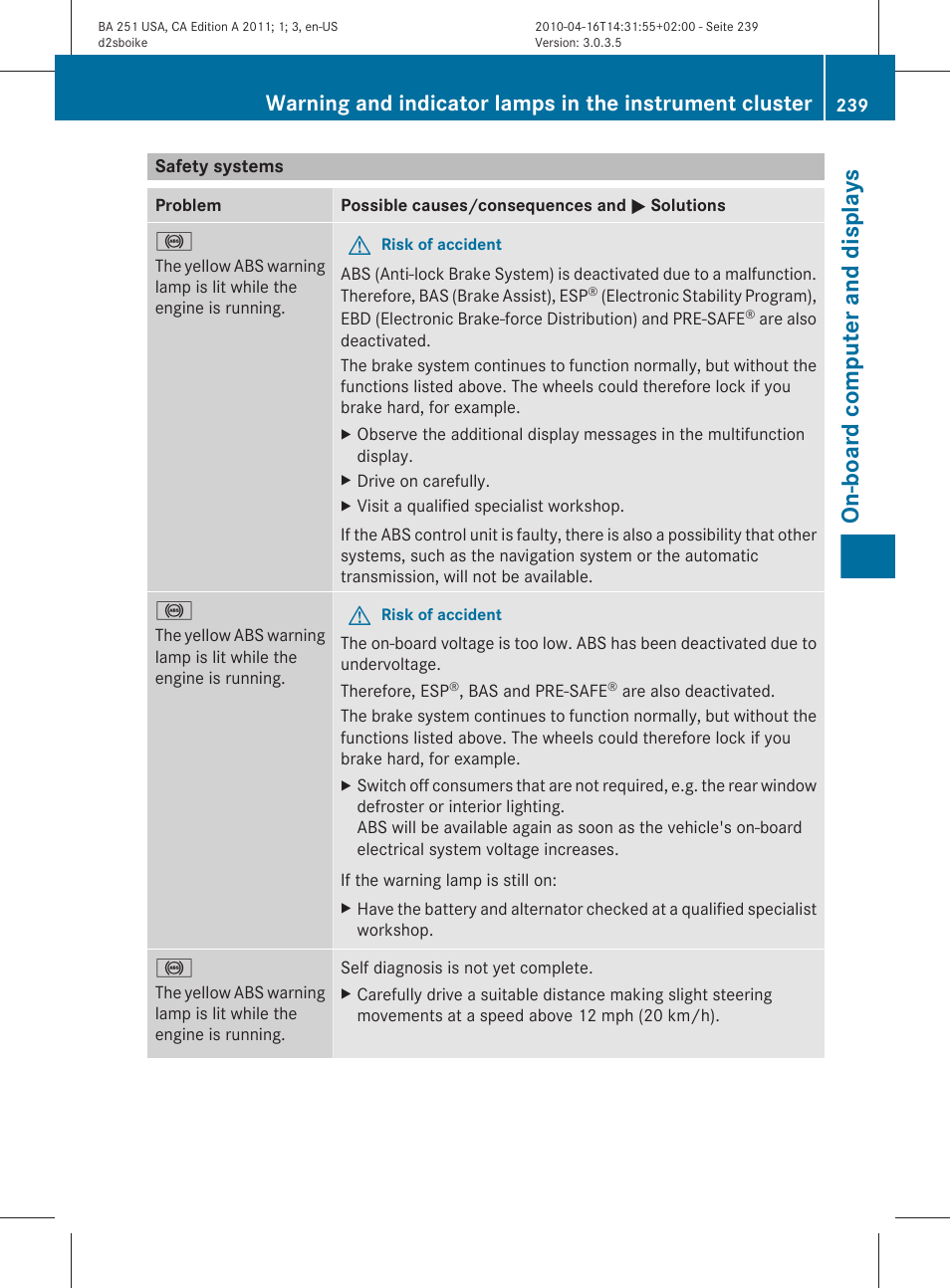 Safety systems, On-board computer and displays | Mercedes-Benz G-Class 2011 Owners Manual User Manual | Page 241 / 364