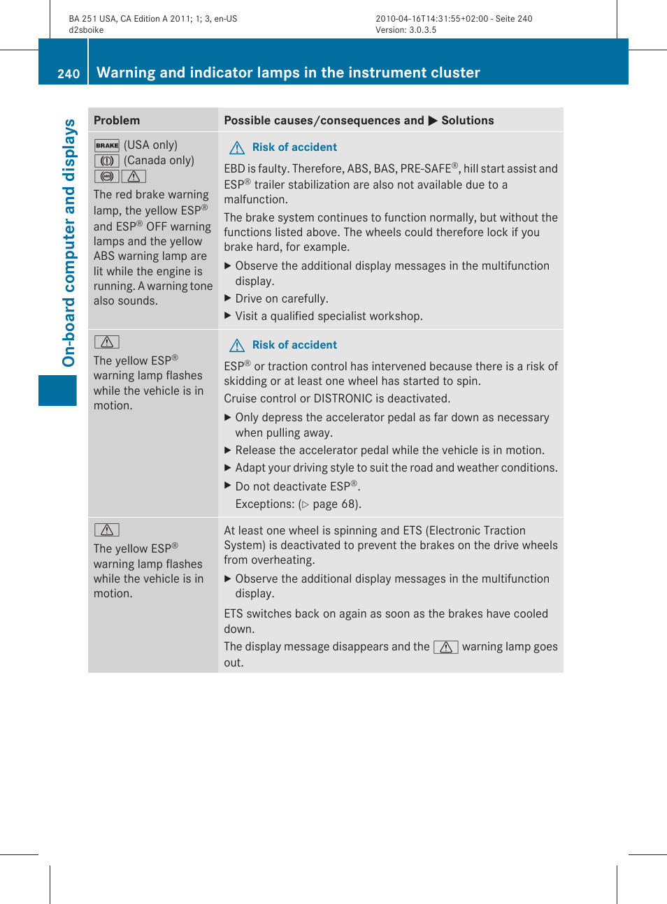 On-board computer and displays | Mercedes-Benz G-Class 2011 Owners Manual User Manual | Page 242 / 364