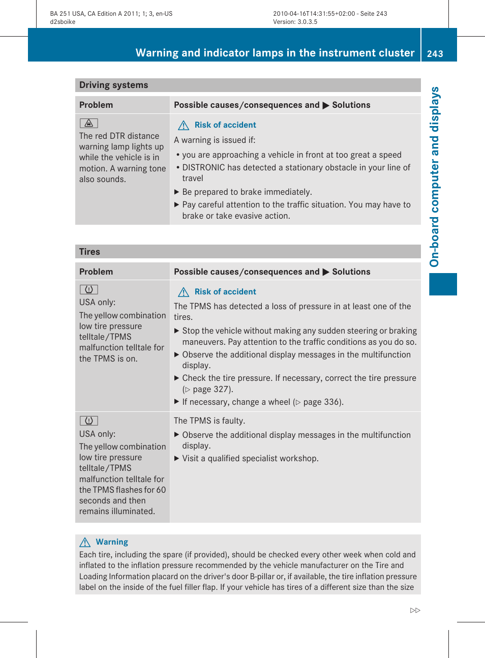 Driving systems, Tires, On-board computer and displays | Mercedes-Benz G-Class 2011 Owners Manual User Manual | Page 245 / 364