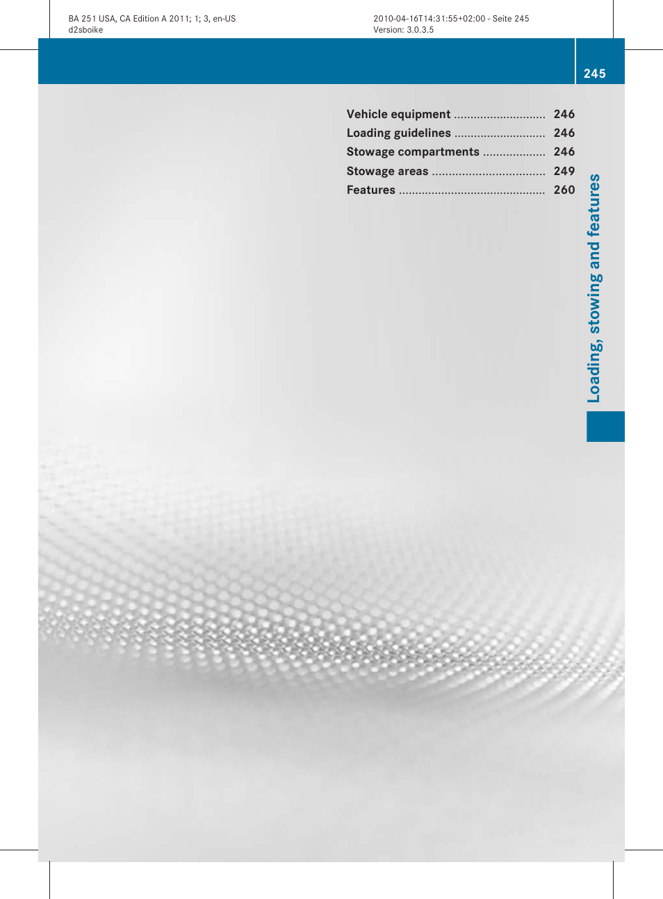 Loading, stowing and features | Mercedes-Benz G-Class 2011 Owners Manual User Manual | Page 247 / 364