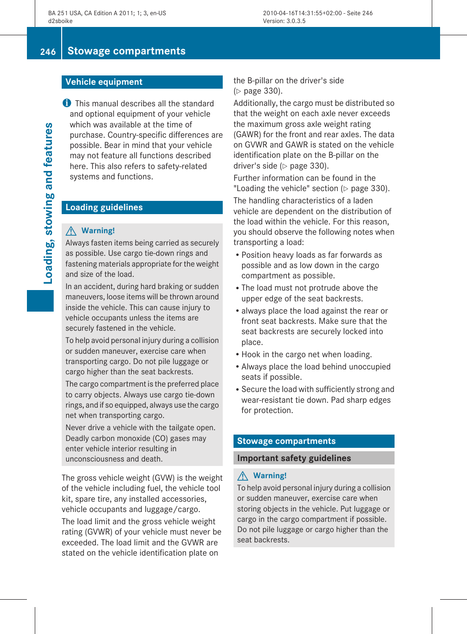 Loading, stowing and features, Vehicle equipment, Loading guidelines | Stowage compartments, Important safety guidelines | Mercedes-Benz G-Class 2011 Owners Manual User Manual | Page 248 / 364