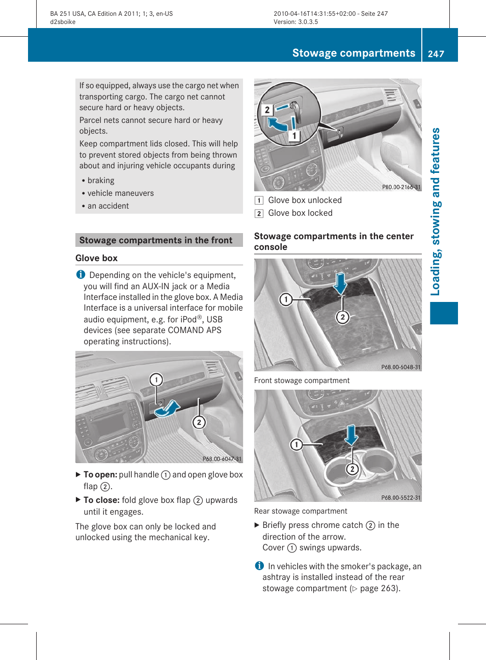 Stowage compartments in the front, Loading, stowing and features, Stowage compartments | Mercedes-Benz G-Class 2011 Owners Manual User Manual | Page 249 / 364