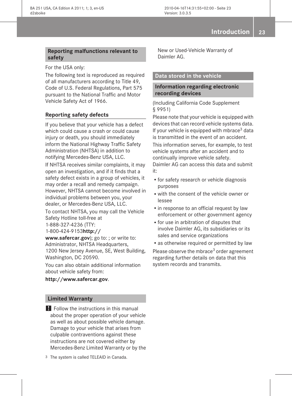 Reporting malfunctions relevant to safety, Limited warranty, Data stored in the vehicle | Information regarding electronic recording devices, Introduction | Mercedes-Benz G-Class 2011 Owners Manual User Manual | Page 25 / 364