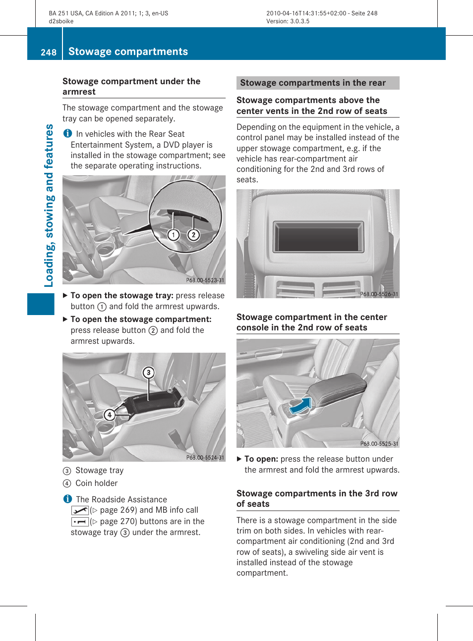 Stowage compartments in the rear, Loading, stowing and features, Stowage compartments | Mercedes-Benz G-Class 2011 Owners Manual User Manual | Page 250 / 364