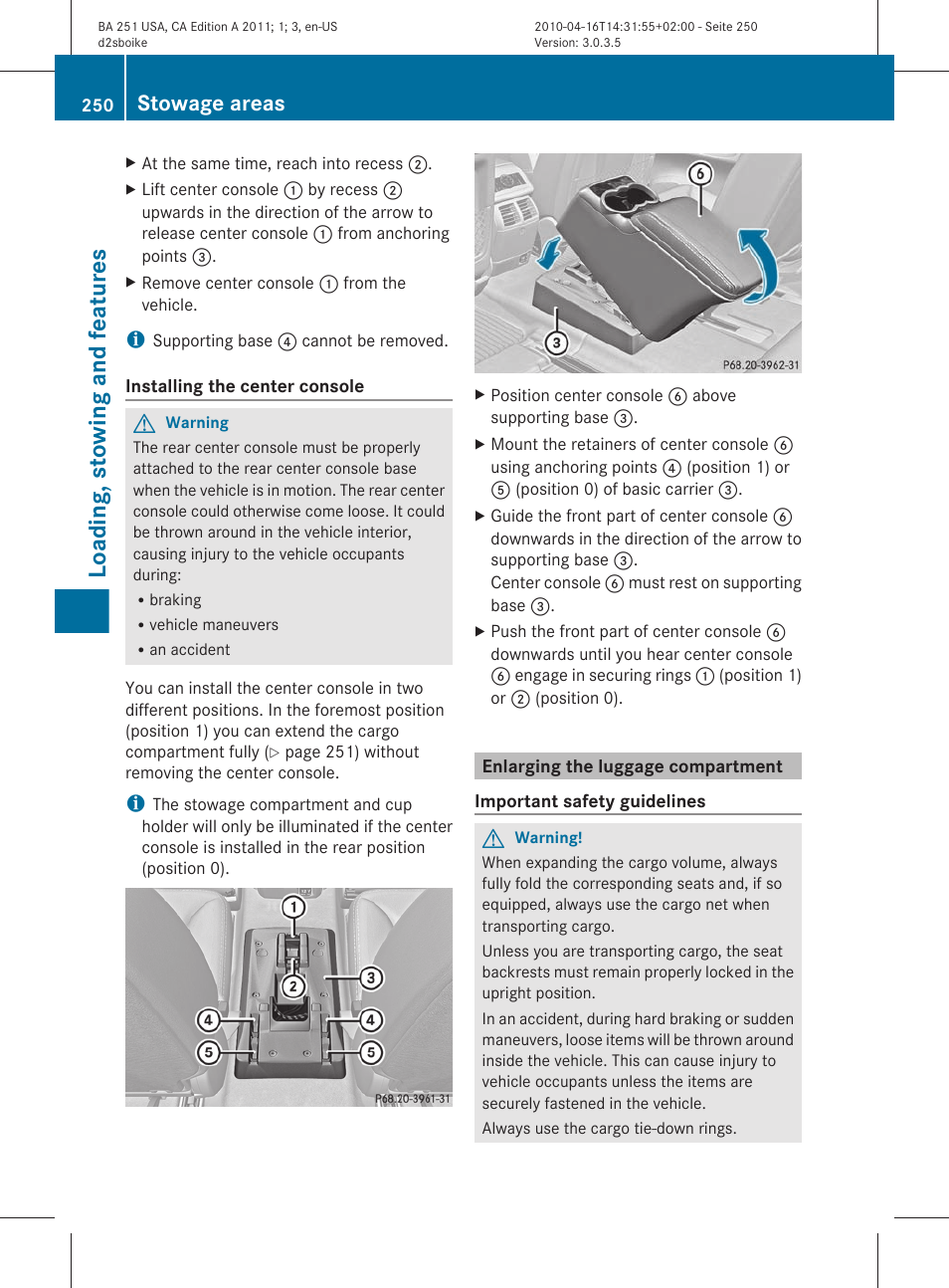 Enlarging the luggage compartment, Engages, Barely visible | Engages audibly, Seats forwards), Loading, stowing and features, Stowage areas | Mercedes-Benz G-Class 2011 Owners Manual User Manual | Page 252 / 364