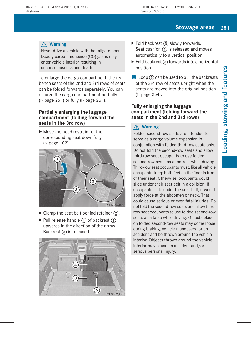 Loading, stowing and features, Stowage areas | Mercedes-Benz G-Class 2011 Owners Manual User Manual | Page 253 / 364