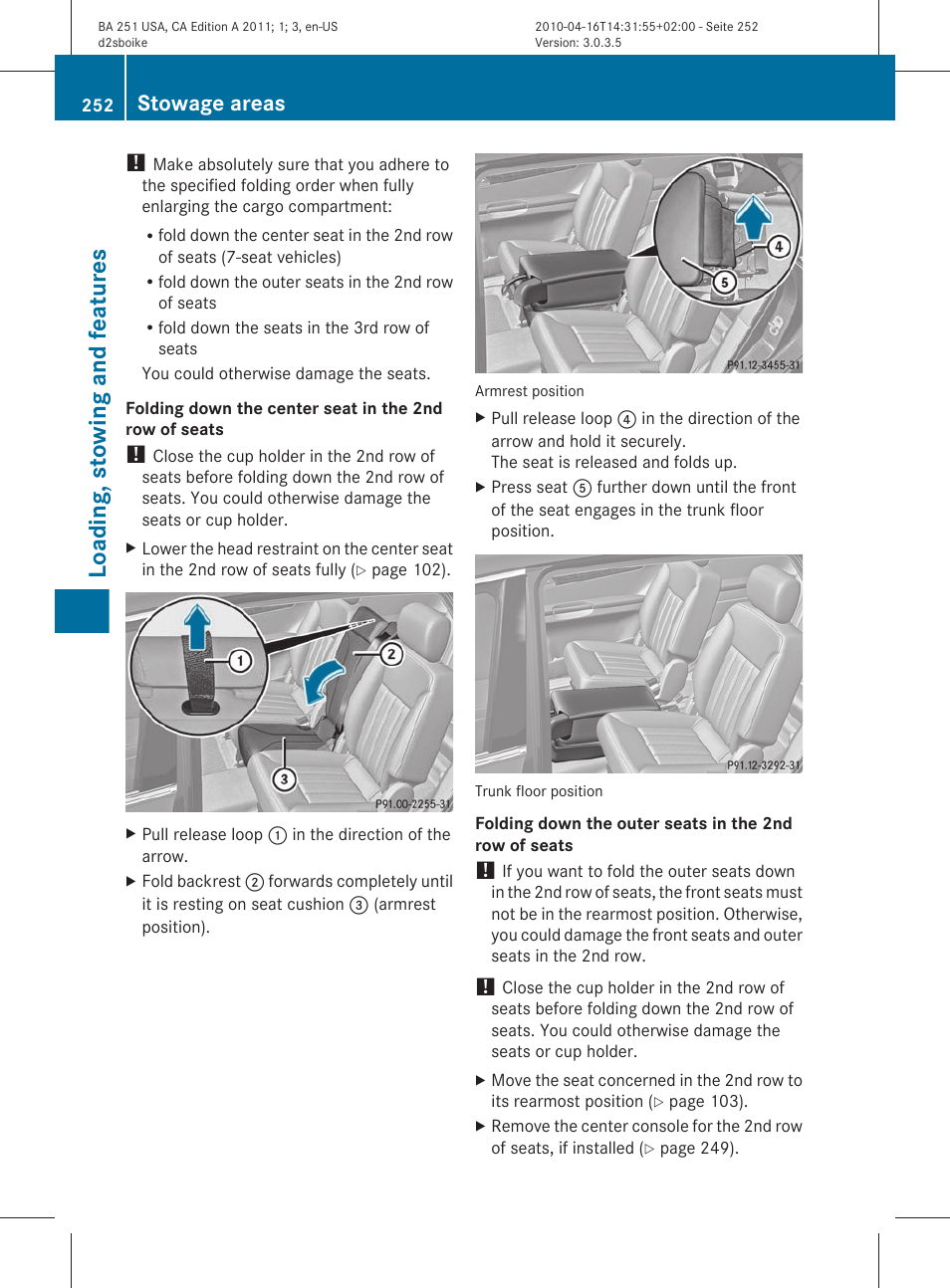 Loading, stowing and features, Stowage areas | Mercedes-Benz G-Class 2011 Owners Manual User Manual | Page 254 / 364