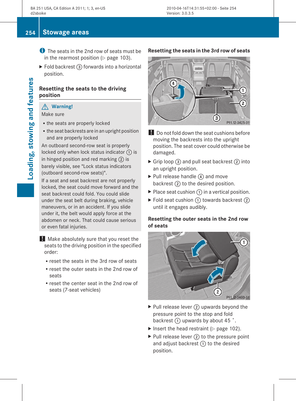 Loading, stowing and features, Stowage areas | Mercedes-Benz G-Class 2011 Owners Manual User Manual | Page 256 / 364