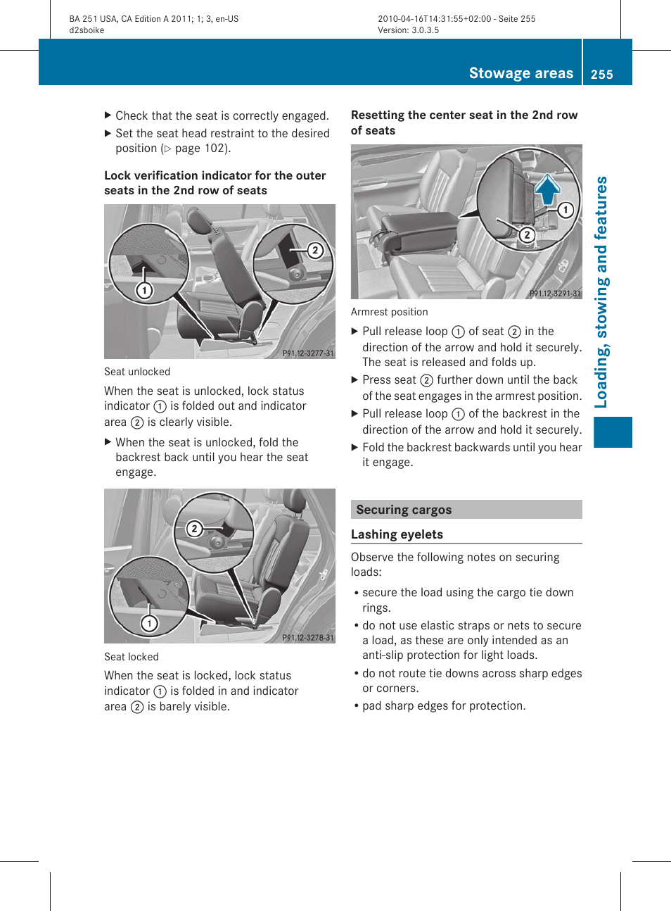 Securing cargos, Loading, stowing and features, Stowage areas | Mercedes-Benz G-Class 2011 Owners Manual User Manual | Page 257 / 364