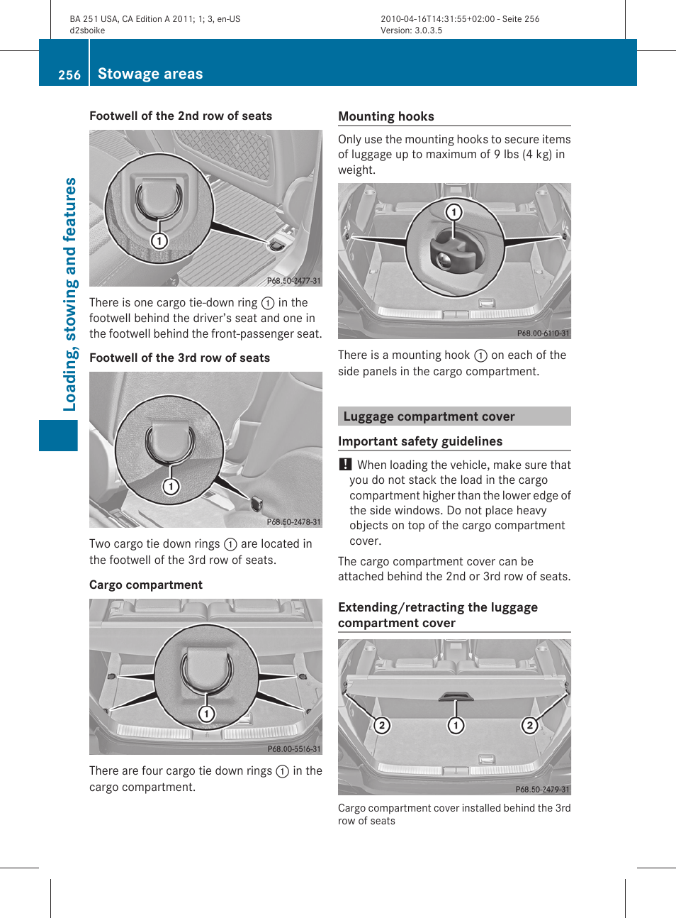 Luggage compartment cover, Loading, stowing and features, Stowage areas | Mercedes-Benz G-Class 2011 Owners Manual User Manual | Page 258 / 364