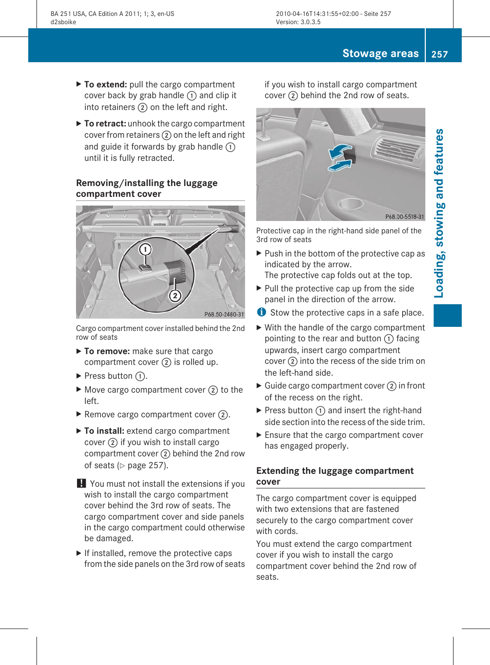 Loading, stowing and features, Stowage areas | Mercedes-Benz G-Class 2011 Owners Manual User Manual | Page 259 / 364