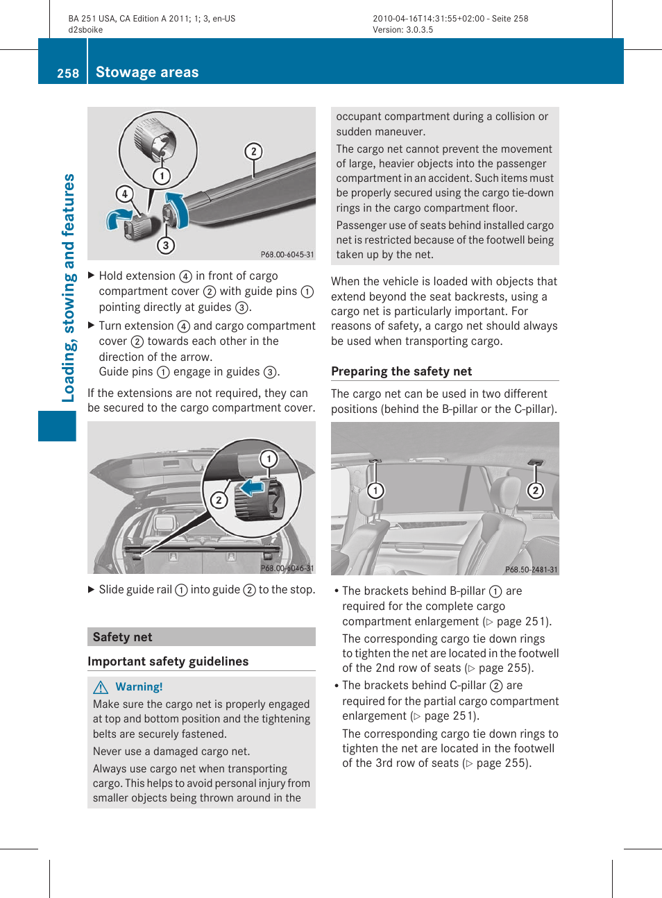 Safety net, Loading, stowing and features, Stowage areas | Mercedes-Benz G-Class 2011 Owners Manual User Manual | Page 260 / 364