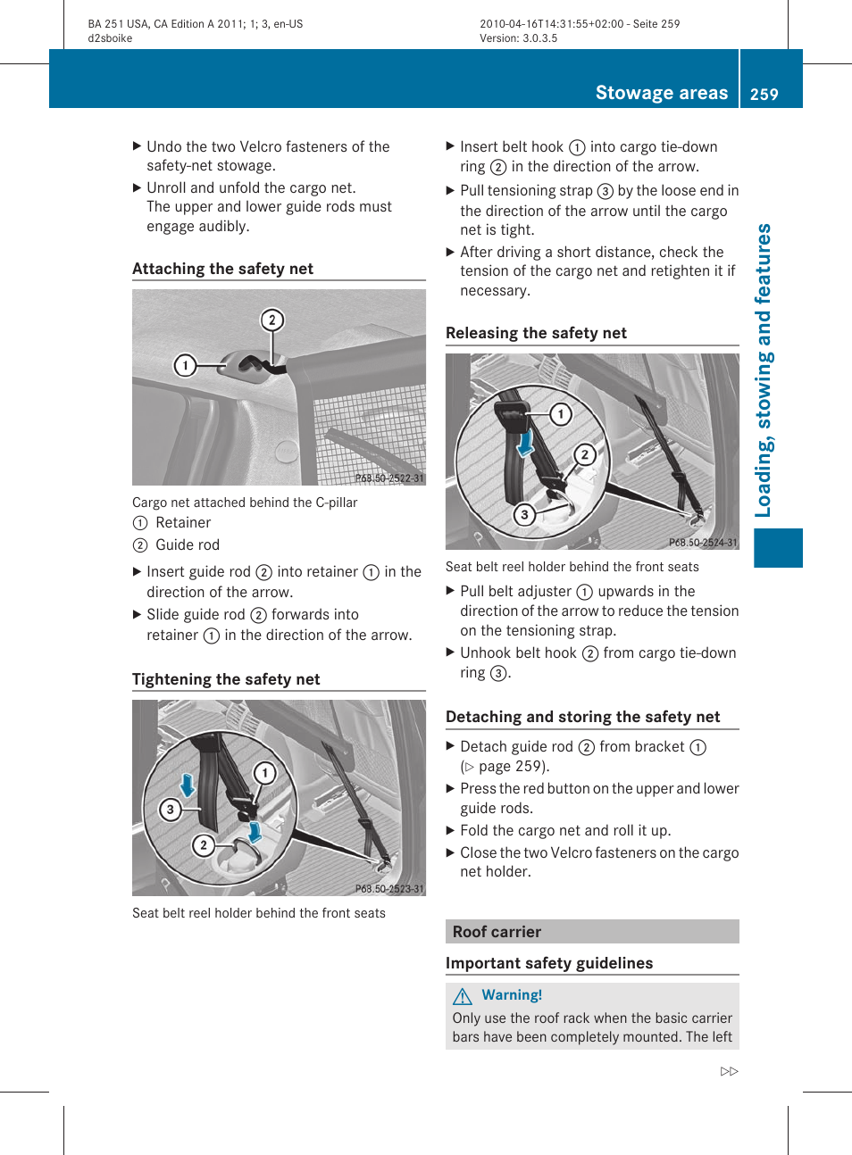 Roof carrier, Loading, stowing and features, Stowage areas | Mercedes-Benz G-Class 2011 Owners Manual User Manual | Page 261 / 364