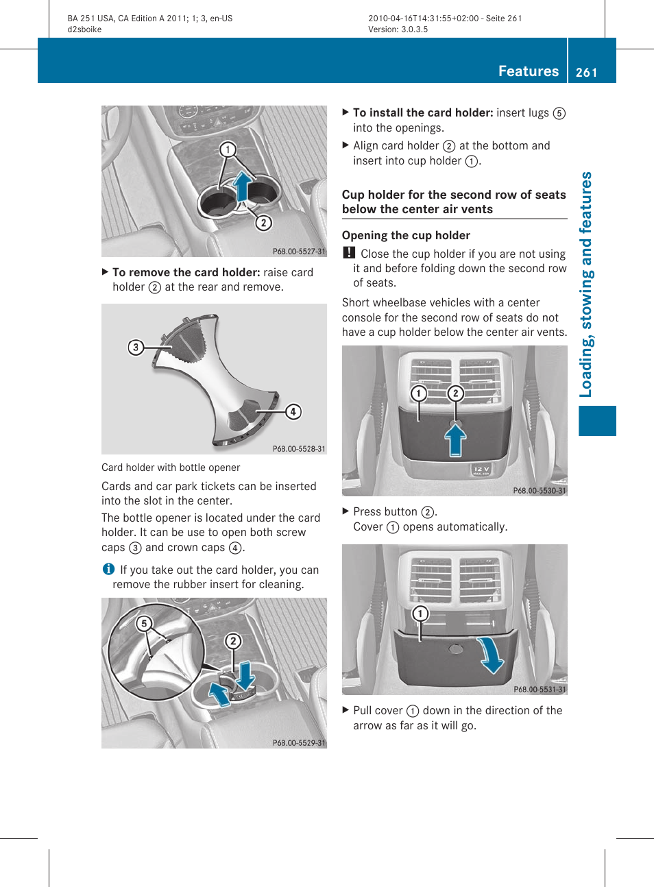 Loading, stowing and features, Features | Mercedes-Benz G-Class 2011 Owners Manual User Manual | Page 263 / 364