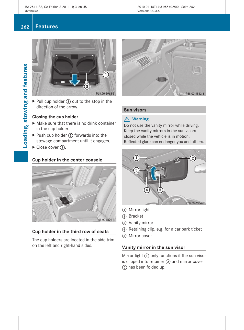 Sun visors, Loading, stowing and features, Features | Mercedes-Benz G-Class 2011 Owners Manual User Manual | Page 264 / 364