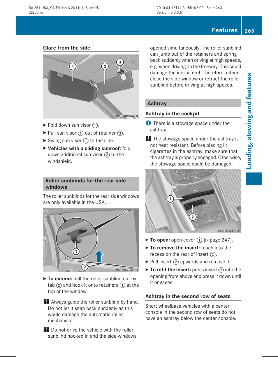 Roller sunblinds for the rear side windows, Ashtray, Loading, stowing and features | Features | Mercedes-Benz G-Class 2011 Owners Manual User Manual | Page 265 / 364