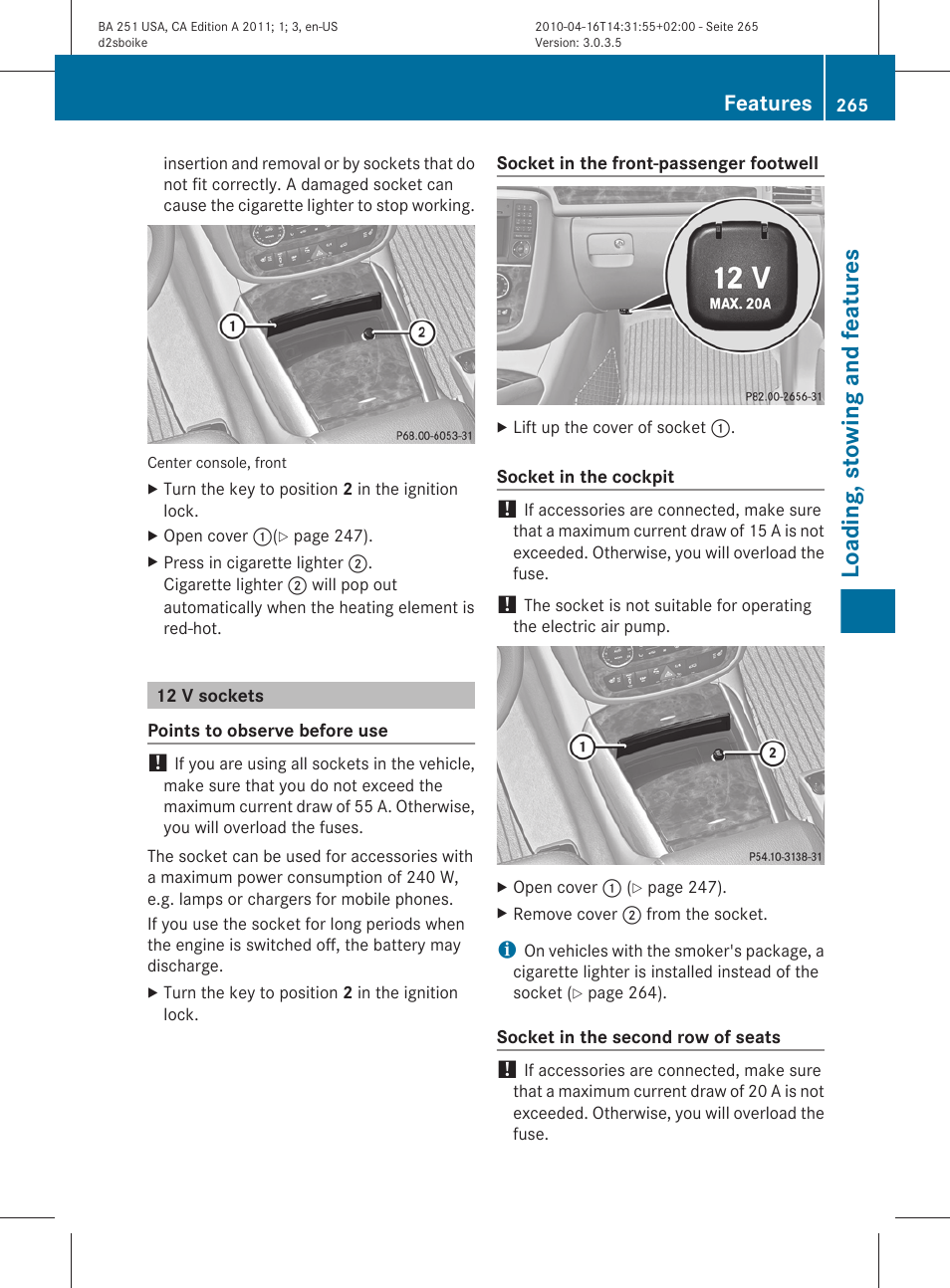 12 v sockets, Loading, stowing and features, Features | Mercedes-Benz G-Class 2011 Owners Manual User Manual | Page 267 / 364