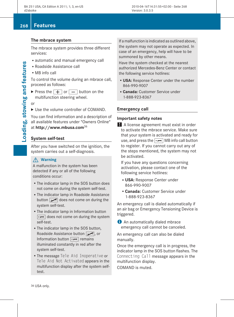 Loading, stowing and features, Features | Mercedes-Benz G-Class 2011 Owners Manual User Manual | Page 270 / 364