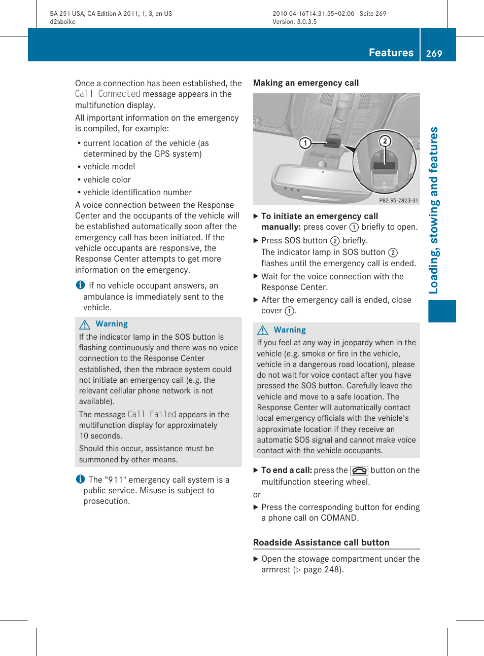 Loading, stowing and features, Features | Mercedes-Benz G-Class 2011 Owners Manual User Manual | Page 271 / 364