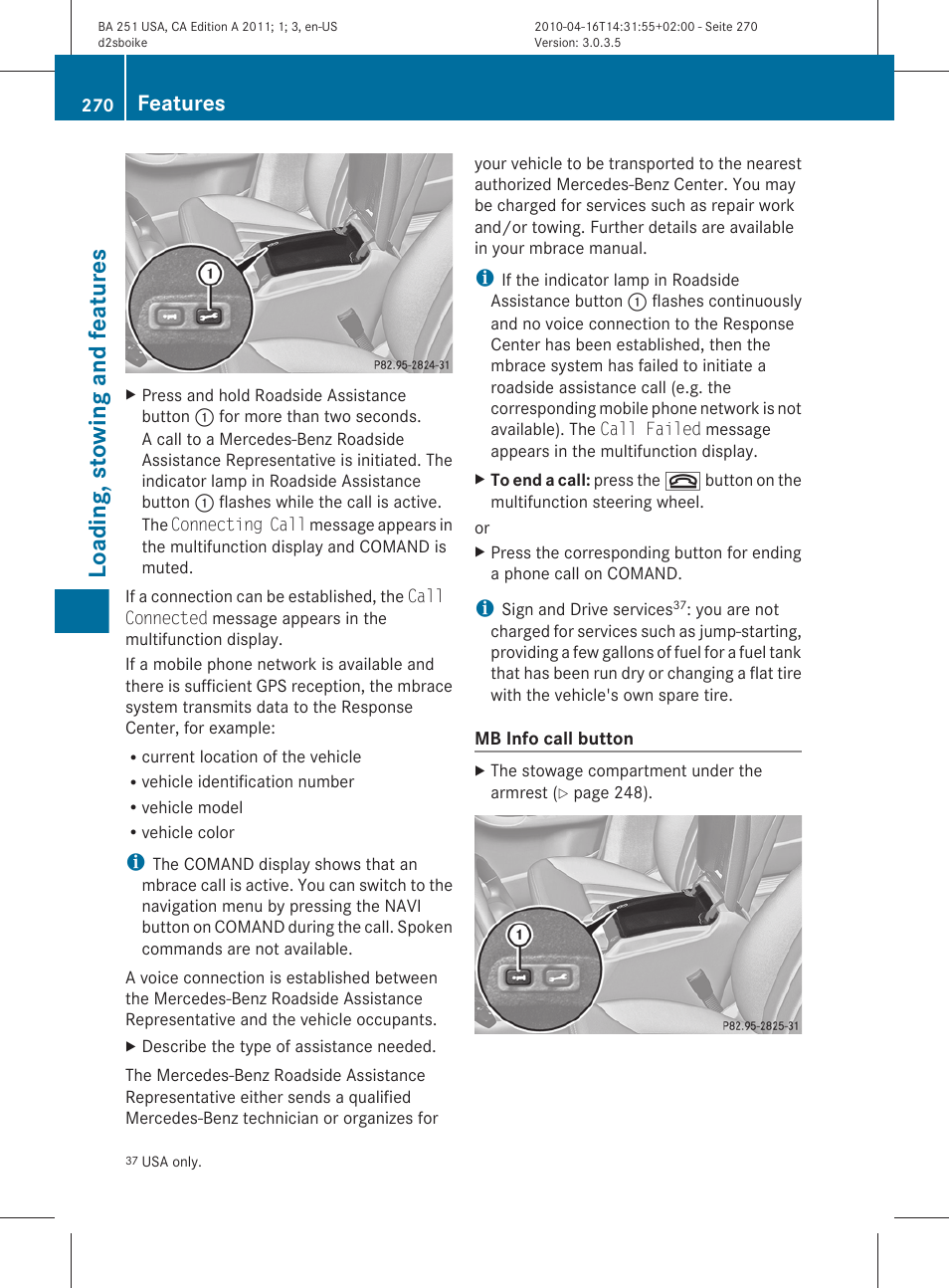 Loading, stowing and features, Features | Mercedes-Benz G-Class 2011 Owners Manual User Manual | Page 272 / 364