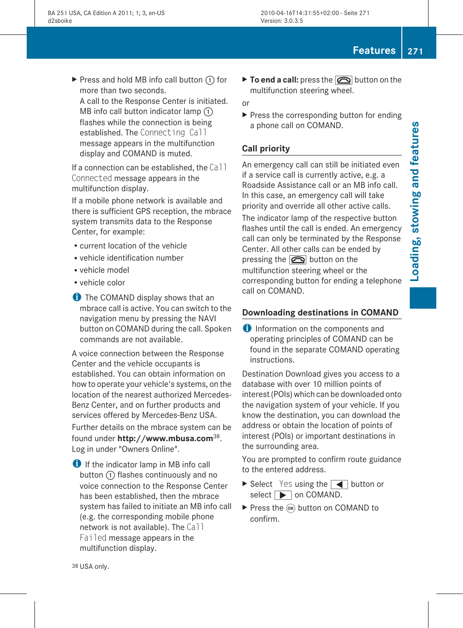 Loading, stowing and features, Features | Mercedes-Benz G-Class 2011 Owners Manual User Manual | Page 273 / 364