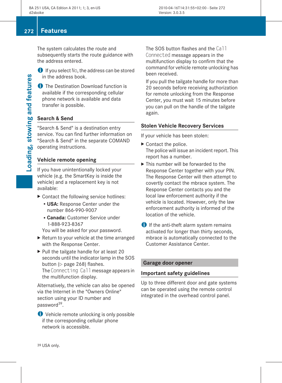 Garage door opener, Loading, stowing and features, Features | Mercedes-Benz G-Class 2011 Owners Manual User Manual | Page 274 / 364